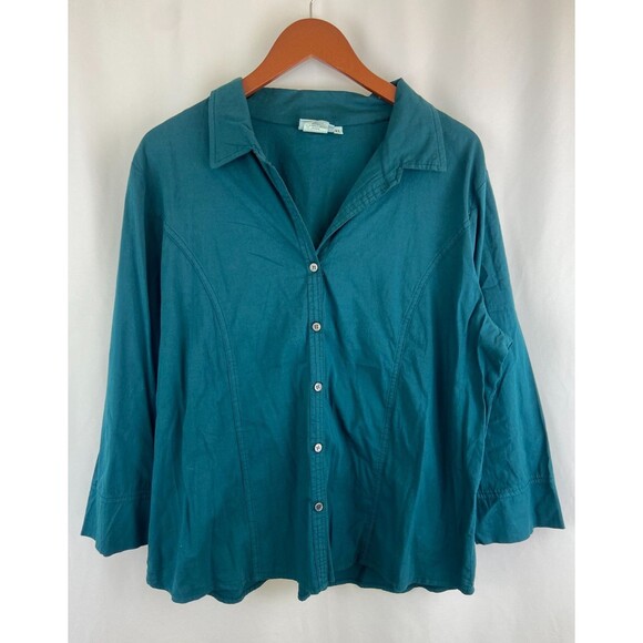 Hot Cotton Marc Ware Women's XL Blue Green Button Up Cotton Blend Tunic Collar - Picture 1 of 8